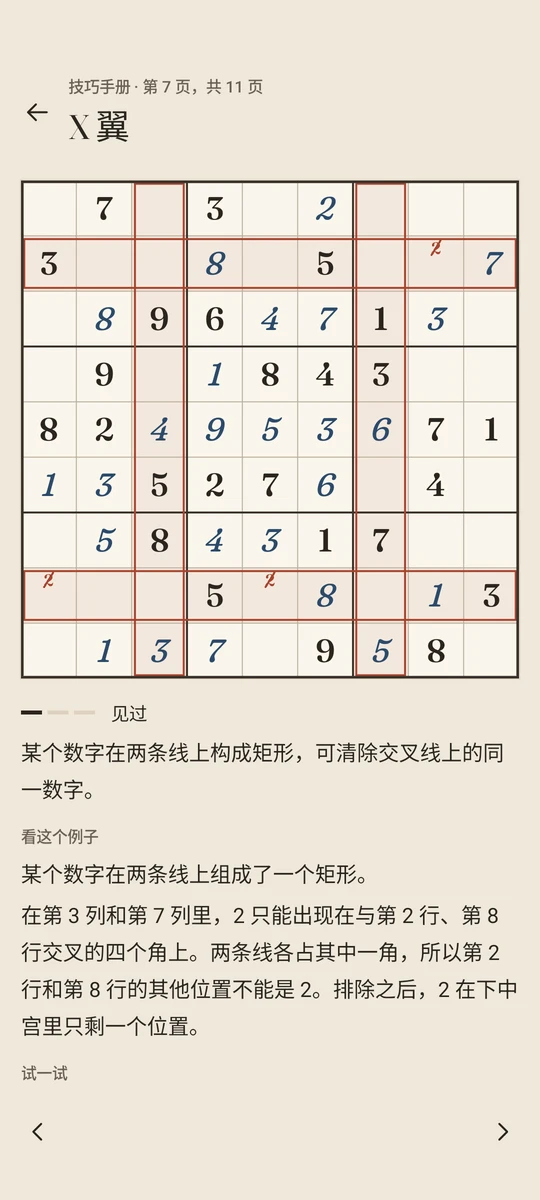 技巧手册第 7 页（共 11 页）“X 翼”：一道 9×9 例题，第 3、7 列和第 2、8 行用赭红色框出，划掉了两行上多余的 2，盘下标着“见过”和例题讲解