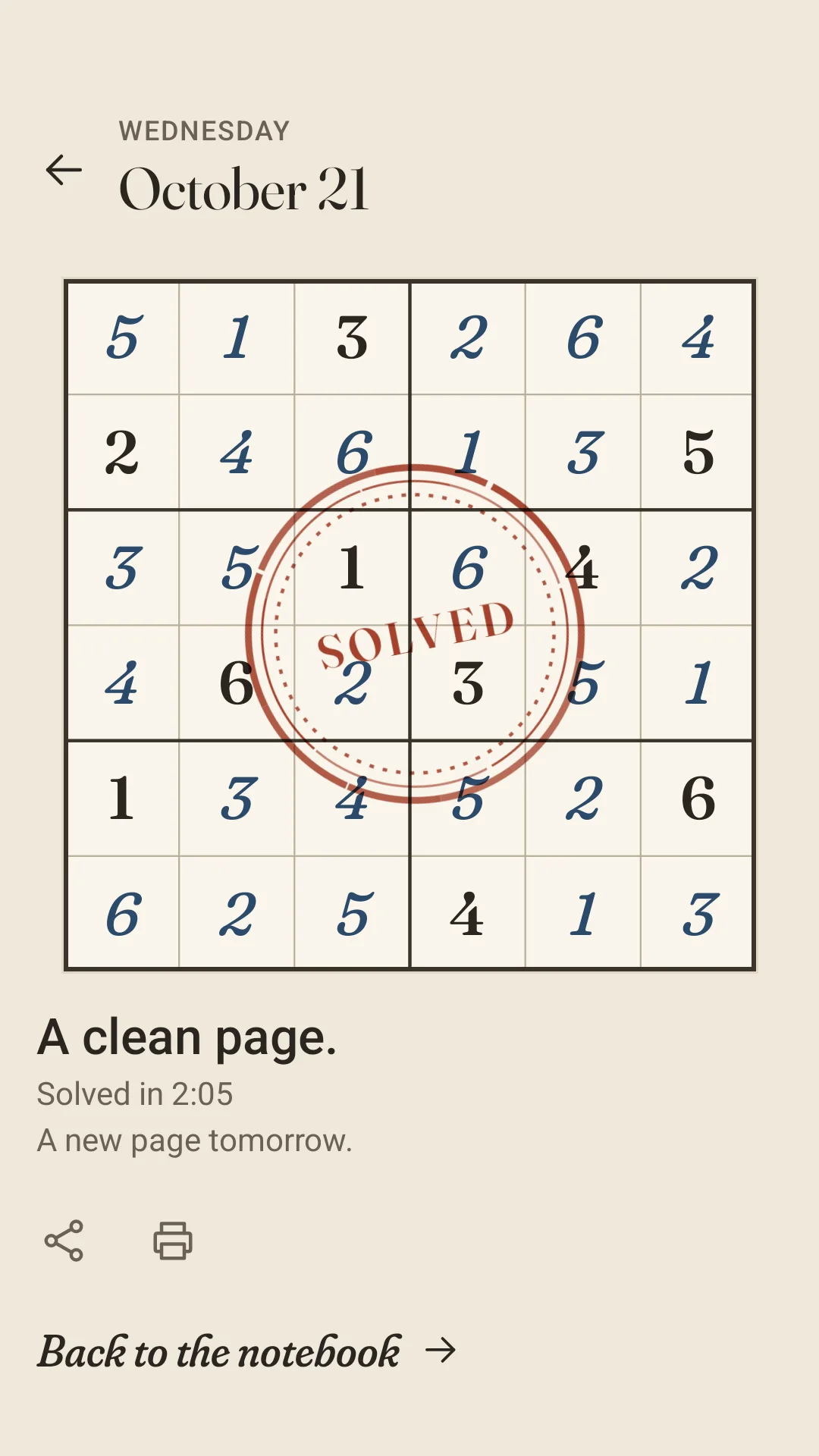 A solved 6×6 page with a terracotta “Solved” stamp over the grid, and below it “A clean page. Solved in 2:05. A new page tomorrow.” with share and print buttons