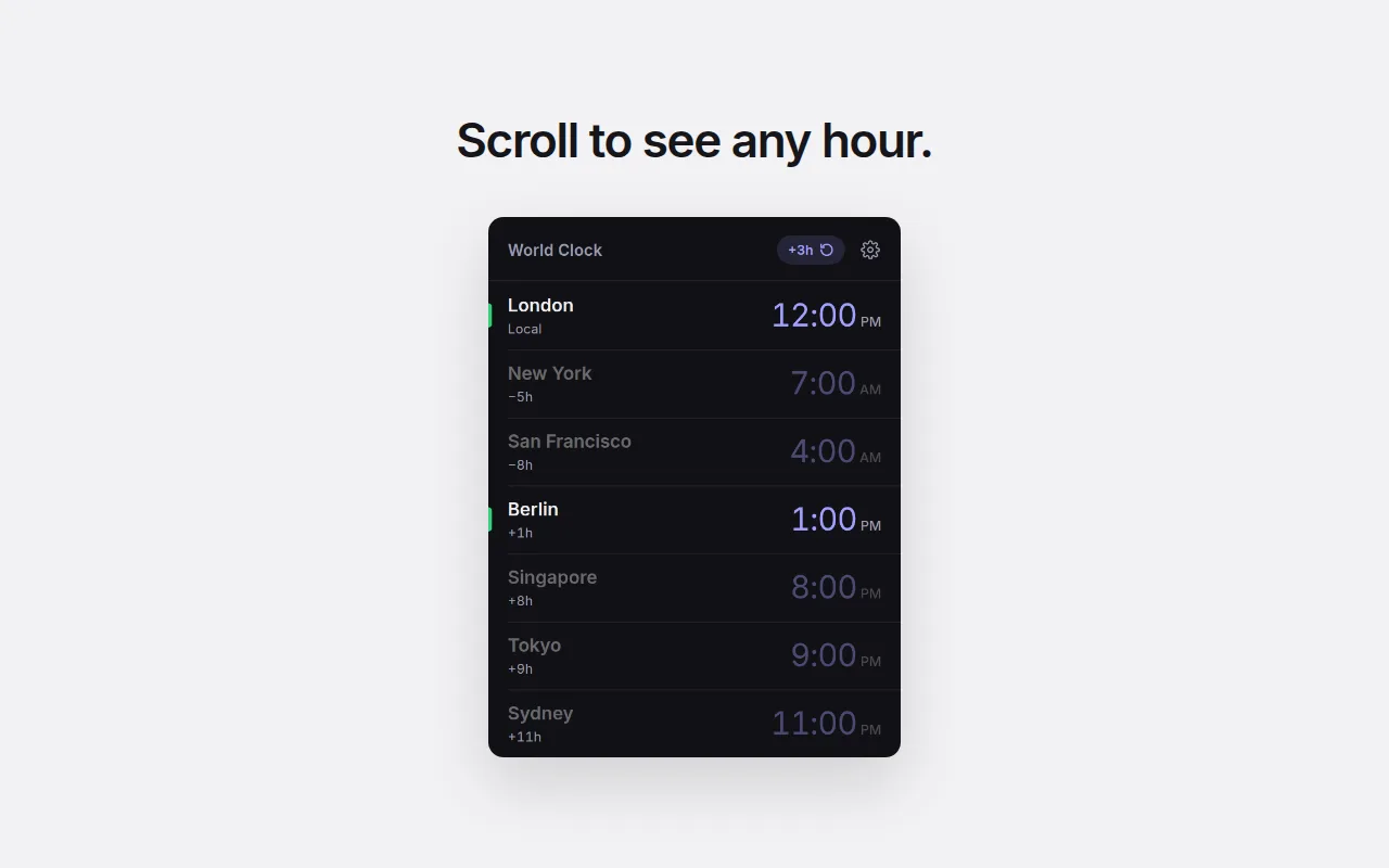 Store image: the popup shifted three hours ahead, a +3h chip in its header; London and Berlin stay bright, the rest fade