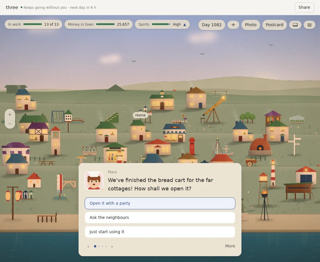 World Machine on day 1,082 of a Tiny Society town at dusk: the whole town stacked up the hill, lit windows, a telescope and a lighthouse, and Mara asking how to open the new bread cart. Captured from the app running in its Linux preview.
